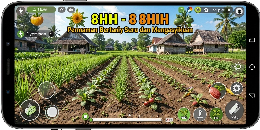 Screenshot gameplay <strong>8HHH</strong> menunjukkan pertanian yang indah dan interaksi hewan.