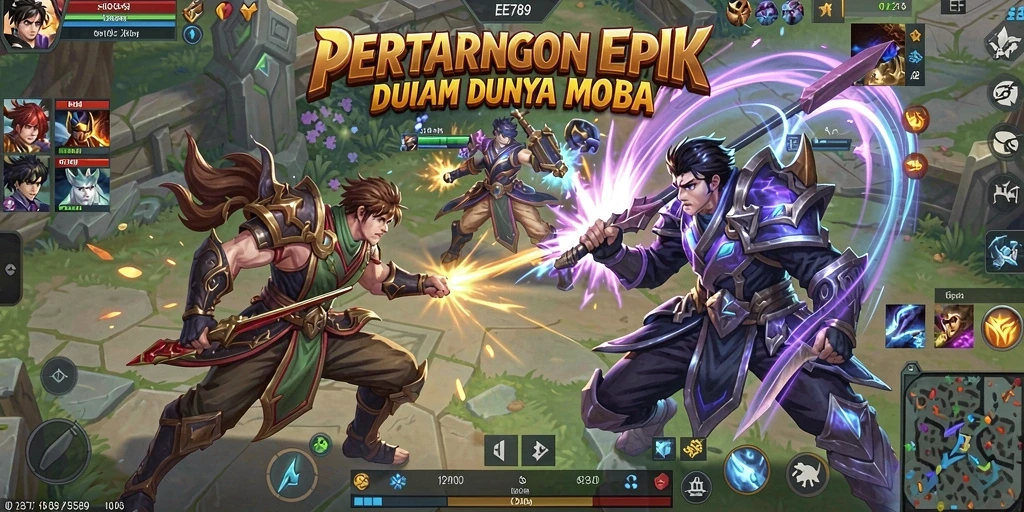 Screenshot gameplay saat aksi seru dalam pertempuran MOBA.