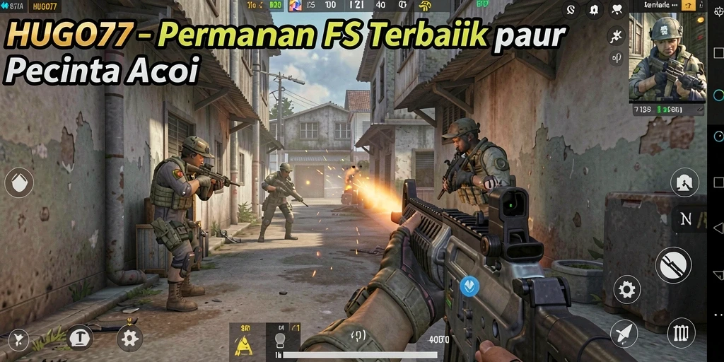 Screenshot HUGO77 menampilkan aksi seru di arena pertempuran FPS.