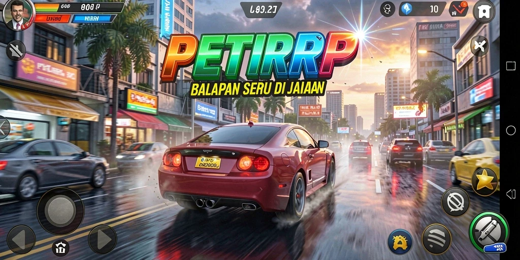 Screenshot PETIRRP menunjukkan balapan seru di trek yang indah.
