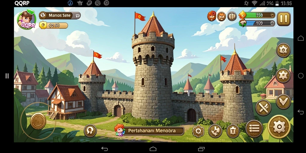 Screenshot gameplay QQRP menampilkan menara yang aktif melawan serangan musuh.