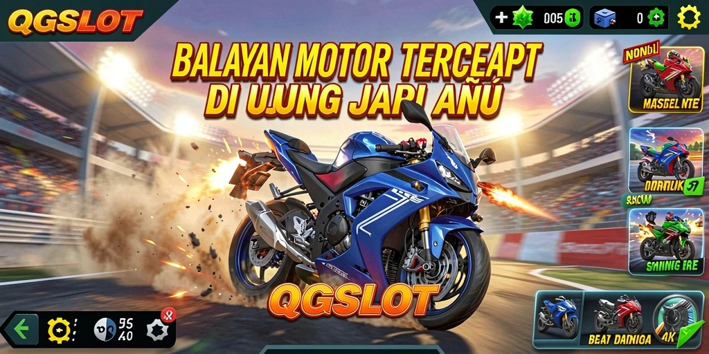 Tampilan gameplay QQSLOT yang mendebarkan dengan motor balap berkecepatan tinggi.