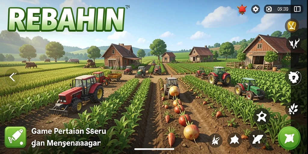 Tampilan gameplay REBAHIN dengan ladang hijau dan hewan-hewan lucu.
