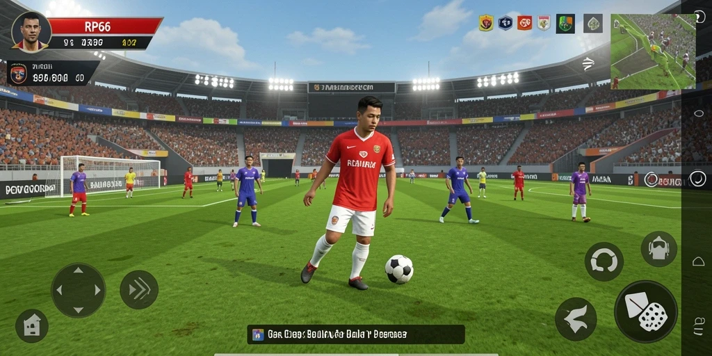 Tampilan gameplay RP66 dengan aksi sepak bola yang seru.