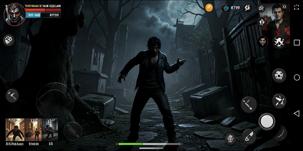 Screenshot gameplay RT99 menampilkan suasana horror yang mencekam.