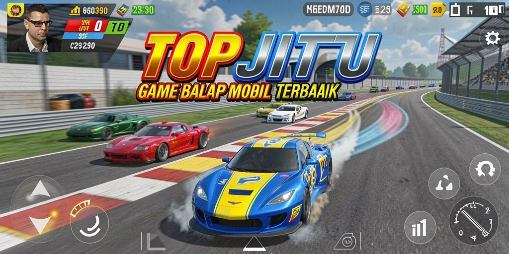 Screenshot utama TOPJITU menampilkan balapan intens dengan mobil yang melaju kencang.