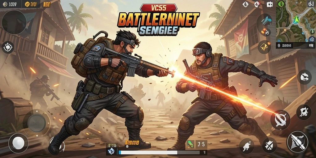 Screenshot VC55 menampilkan aksi intens dalam pertempuran Battle Royale.