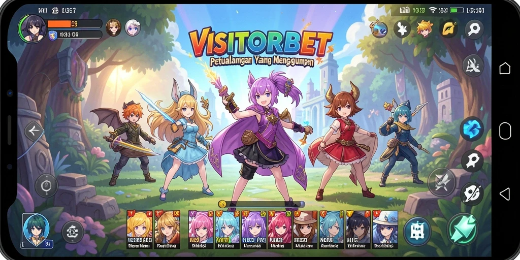 Tampilan gameplay VISITORBET penuh warna dan menarik dengan karakter anime.